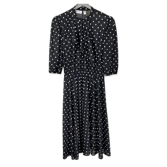 Vintage 80s Polka Dot Asymmetrical Collar Secretary Dress Medium - Picture 1 of 8